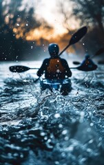 Naklejka premium Canoe Slalom, close up on paddles, copy space, Kayaker navigating whitewater rapids with skill and determination.