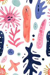 Cartoon seamless pattern of watercolor microorganisms amoeba isolated on white background