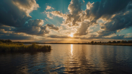 Obraz premium sunset over the lake, calm and peaceful river landscape, wavy water