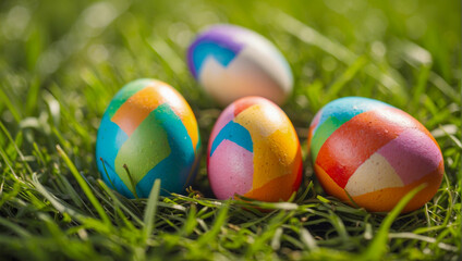 Fototapeta premium Colorful easter eggs on grass, easter sunday festival