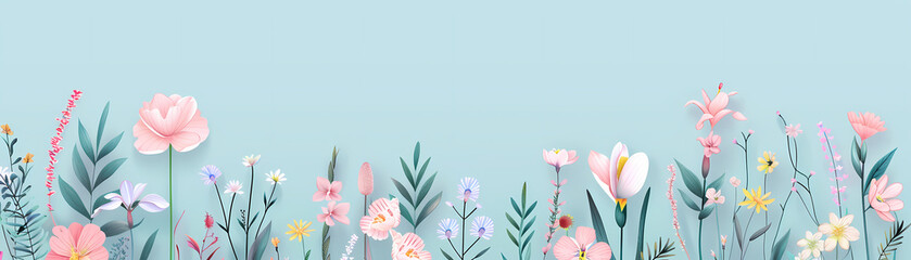 Floral border with hand drawn flowers and leaves on blue background.