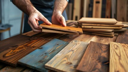 Hands selecting different wooden planks for carpentry projects, showcasing various textures and grains on a workbench, indoors.