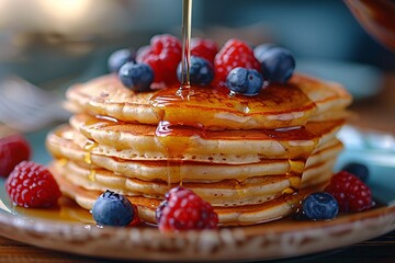 Stack of pancakes with berries and syrup