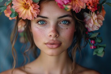 Close-up portrait of woman with freckles and floral headpiece. Studio portrait photography.