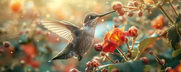 Fototapeta premium A tiny hummingbird hovering in front of a flower, its wings beating so fast they are almost invisible.