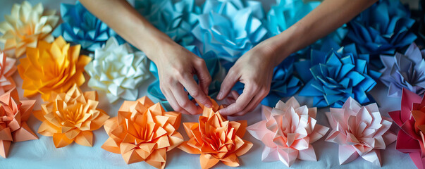 An artist crafting delicate origami sculptures from colorful paper, folding and shaping each piece with precision.