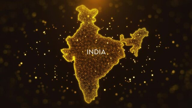 Digital Space Golden Yellow Shiny Blurry Focus Wavy Glitter Sparkle Dust Particles of India Map and Text Motion Reveal with Light Flare