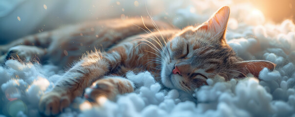 A heartwarming and adorable photography of a cute cat peacefully sleeping on a fluffy cloud, radiating pure serenity and comfort
