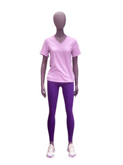 women's sportswear, leggings, sneakers and t-shirt on mannequin isolated on white background