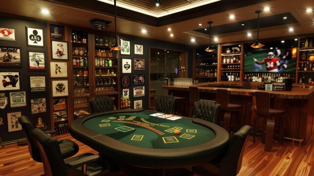 stylish man cave with a custom poker table, sports memorabilia displayed prominently, and a bar stocked with premium spirits