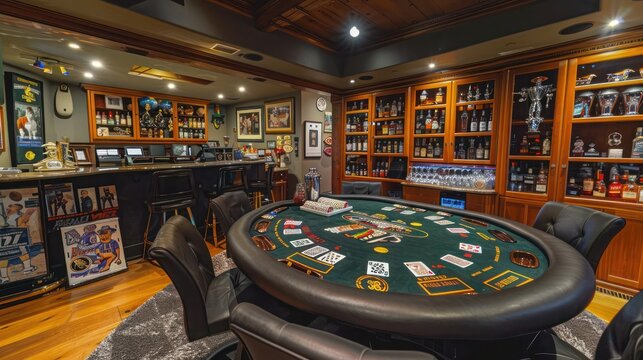 stylish man cave with a custom poker table, sports memorabilia displayed prominently, and a bar stocked with premium spirits