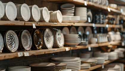 Variety of plates displayed on shelving in household goods store. Kitchen utensils and dishware for sale