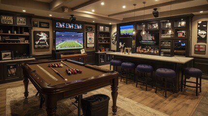stylish man cave with a high-tech entertainment system, sports memorabilia, and a bar area for hosting game nights