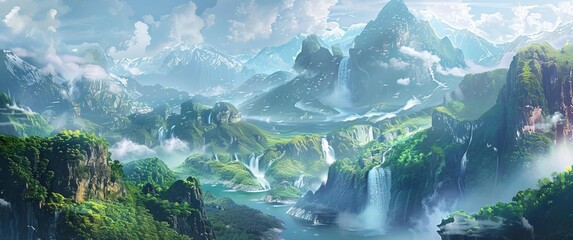 Illustrate an aerial view of an enchanting mountain welcome, with mist-kissed peaks, cascading waterfalls, and lush greenery in digital painting,