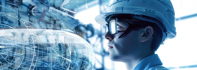 The image shows a person wearing a hard hat and safety glasses looking at a digital display of a machine. The display shows a 3D model of the machine and various data about its operation. The person