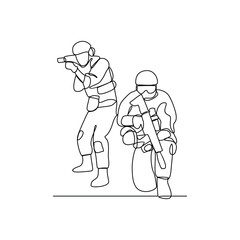 One continuous line drawing of soldiers holding weapons during war drills in a training camp vector design illustration. Soldier training activity illustration in simple linear style vector design.