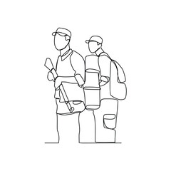 One continuous line drawing of soldiers holding weapons during war drills in a training camp vector design illustration. Soldier training activity illustration in simple linear style vector design.