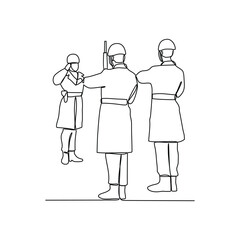 One continuous line drawing of soldiers holding weapons during war drills in a training camp vector design illustration. Soldier training activity illustration in simple linear style vector design.