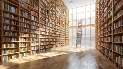 A light room with a floor-to-ceiling bookcase and a sliding library ladder