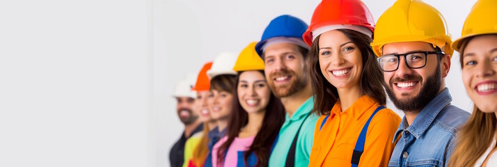 Fototapeta premium Group of diverse workers in colorful hard hats, concept of teamwork and equality, Labor Day
