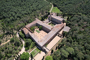 Aerial view of Fontfroide Abbey on sunny day. Narbonne, France.