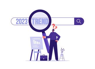 2023 trend research or vision, new business opportunities or career challenges. Businessman uses magnifying glass for discovering website from search
