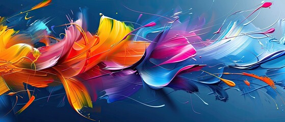 Dynamic and vibrant abstract painting featuring swirls of red, orange, pink, and blue on a dark blue background. Perfect for modern art lovers.