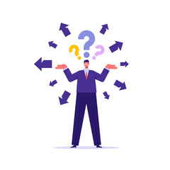 Business decision making, career path, work direction or choose the right way to success concept, confused businessman choosing directions