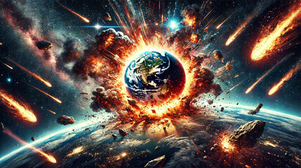 Realistic depiction of Earth being destroyed by a massive asteroid impact, featuring a dramatic explosion, fiery destruction, and debris scattering into space. The scene is set against a starry space 