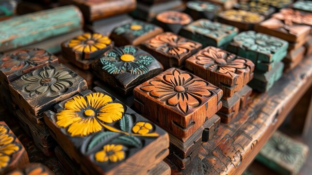 A close-up of hand-carved wooden printing blocks used in Indian block printing, showcasing traditional motifs. Abstract Backgrounds Illustration, Minimalism,
