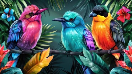 Fototapeta premium Vibrant illustration of colorful birds perched on a branch with lush tropical foliage in the background, showcasing nature's beauty.