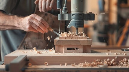 Close-up of a carpenter's hands operating a drill press on a wooden workpiece, creating wood shavings in a workshop setting.