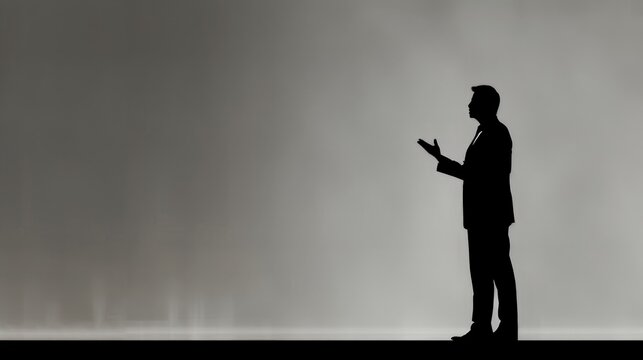 Minimalistic clean background with the silhouette of a politician delivering a speech on stage