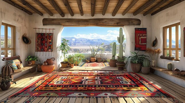 A panoramic view of a traditional Navajo hogan in the American Southwest, with a handwoven rug adorning the floor. Abstract Backgrounds Illustration, Minimalism,