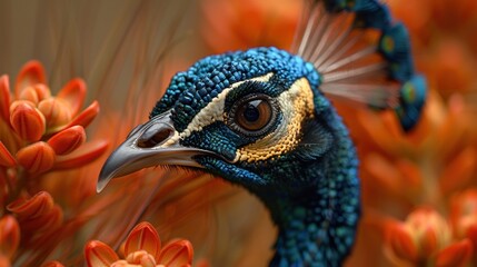 Obraz premium Peacock Close-up with Orange Flowers
