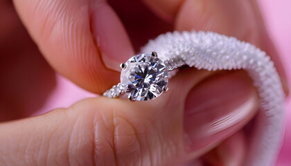 Jeweler cleaning diamond ring with microfiber cloth, closeup