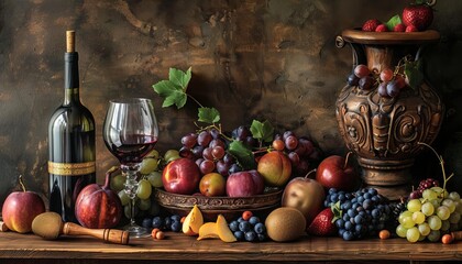 Rustic still life with fruit and wine,