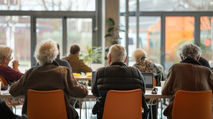 Group of elderly people attending a workshop on digital skills in a modern community center
