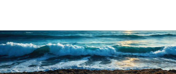 Panorama of beautiful waves on the ocean in the half horizon of a transparent or white background. PNG.