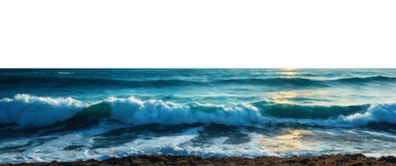 Panorama of beautiful waves on the ocean in the half horizon of a transparent or white background. PNG.