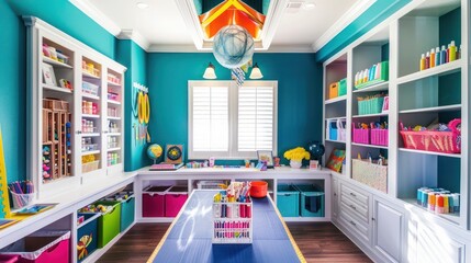 vibrant craft room with organized storage, bright colors, and a large worktable to inspire creativity