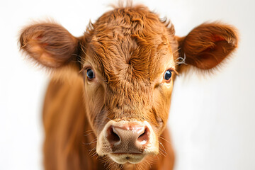 Closeup head shot of cow face isolated on white background