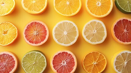Fototapeta premium Colorful Citrus Fruit Slices on Yellow Background