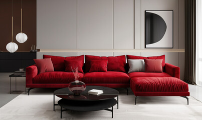 Modern and Simple Interior of Living Room with Red Sofa and other Furniture. Clean Wall Design. Coffee table and lighting. Luxury apartment, contemporary comfortable style. 3D