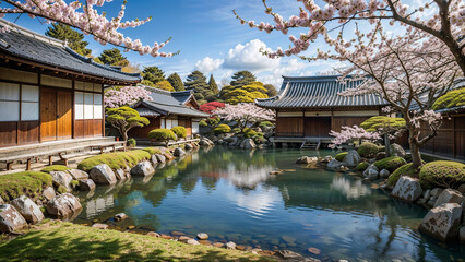 Fototapeta premium Sakura garden, lake, nature. Japanese culture.