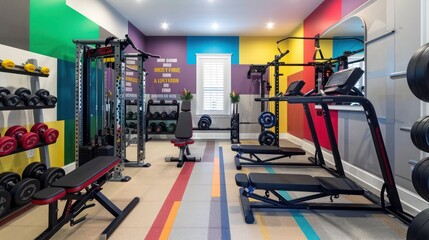 vibrant home gym with colorful equipment, motivational quotes on the walls, and ample space for a variety of workout routines