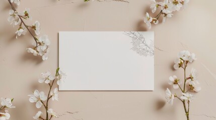 Wedding invitation mockup. Blank template for design or product placement. Blank card on neutral background with flowers. Elegant wedding flat lay composition