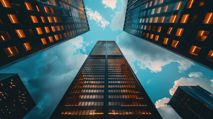 Looking up at modern skyscrapers with evening lights and a blue sky, highlighting urban architecture and cityscape.