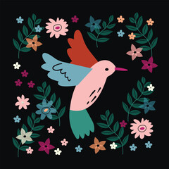 Elegant colored bird with plants and flowers on a black background. vector illustration