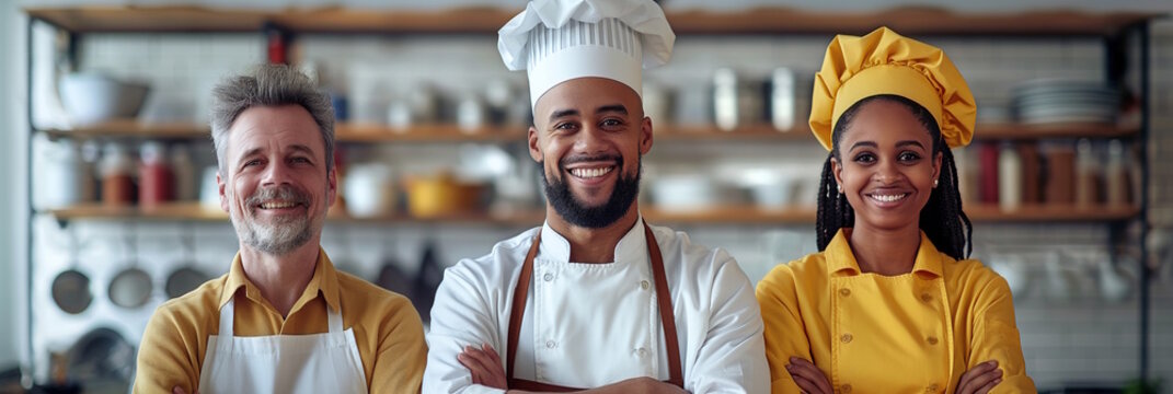 Group of chefs with diverse backgrounds, smiling in a modern kitchen, culinary concept